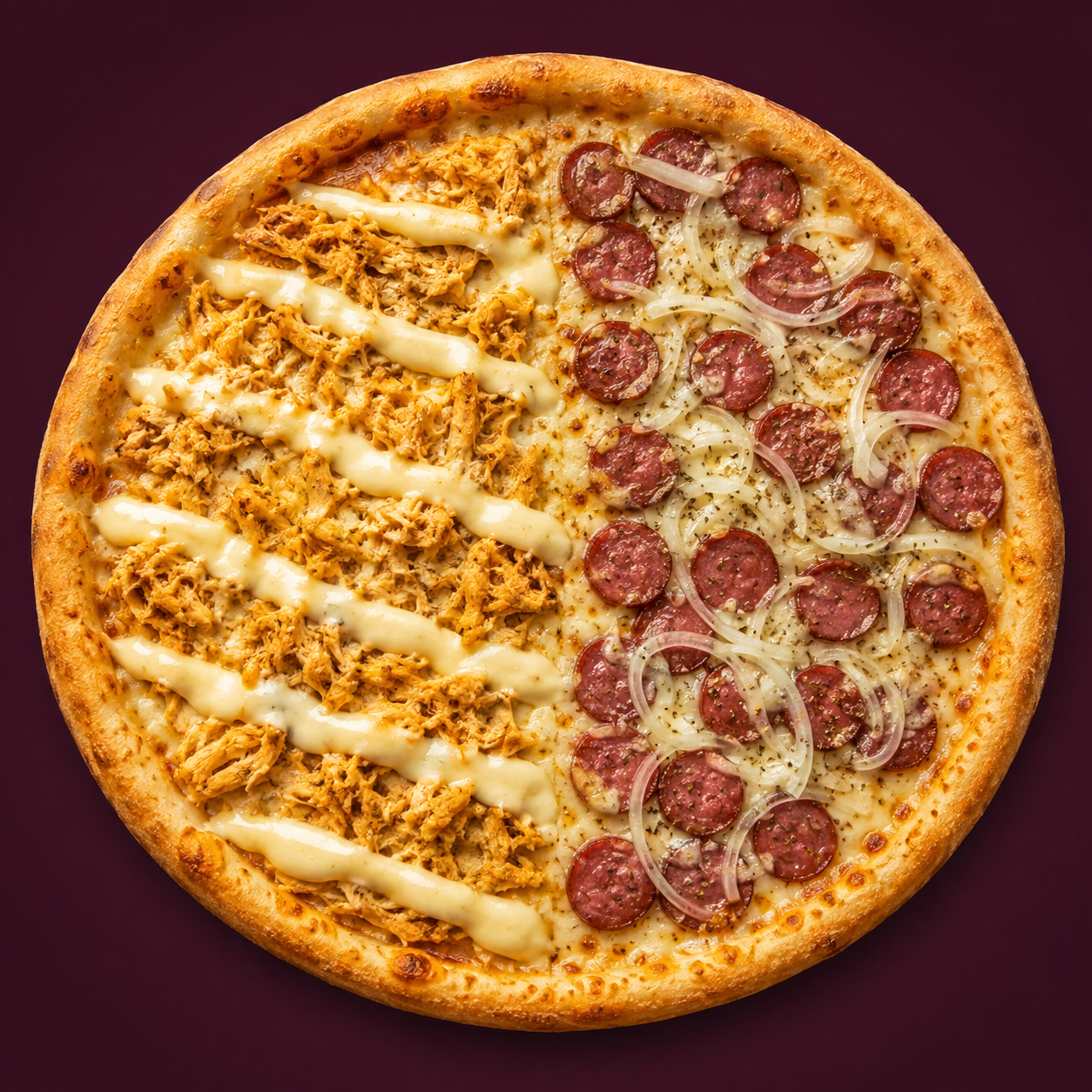Pizza meio a meio de frango e calabresa
